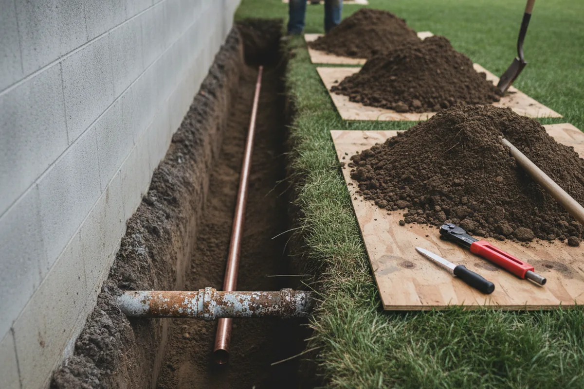 Excavated water line trench during Sewer Line Repair in Paulsboro